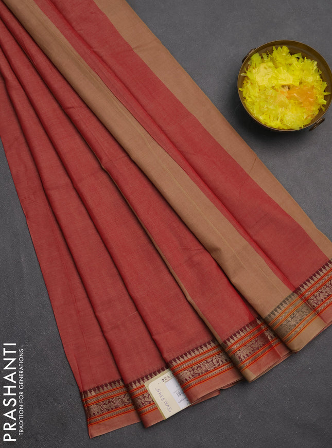 Narayanpet cotton saree red with plain body and temple design thread woven border