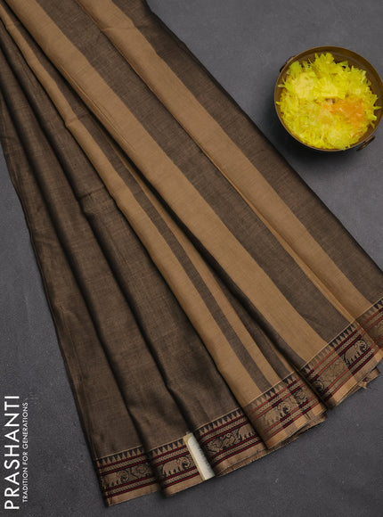 Narayanpet cotton saree chikku shade with plain body and temple design thread woven border