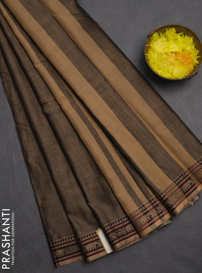 Narayanpet cotton saree chikku shade with plain body and temple design thread woven border