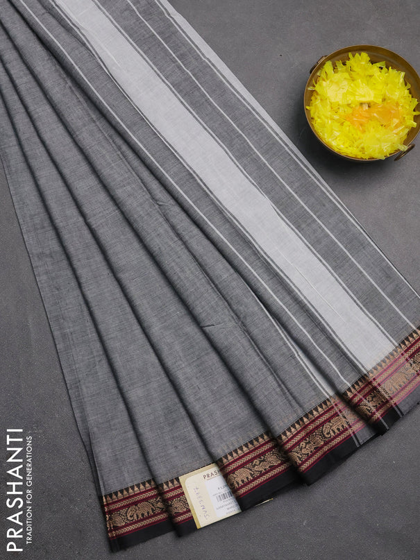 Narayanpet cotton saree grey with plain body and temple design thread woven border