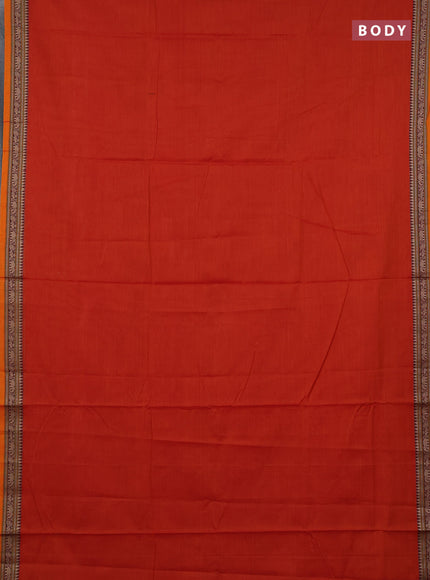 Narayanpet cotton saree sunset orange with plain body and temple design thread woven border