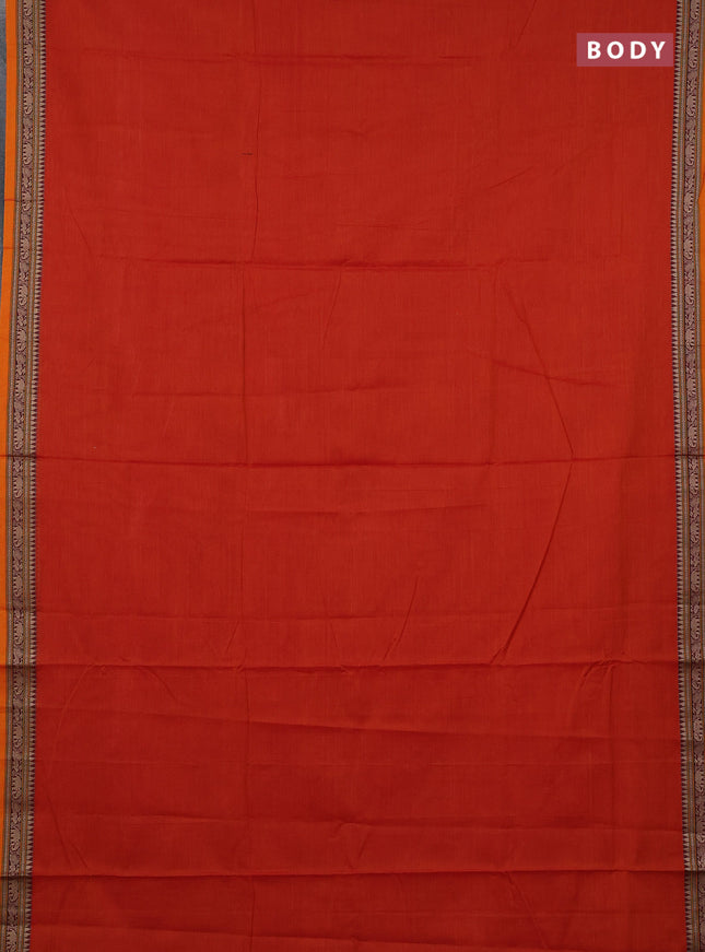 Narayanpet cotton saree sunset orange with plain body and temple design thread woven border