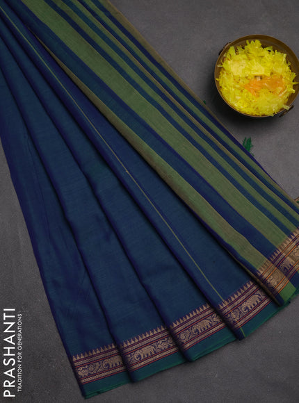 Narayanpet cotton saree peacock green with plain body and temple design thread woven border
