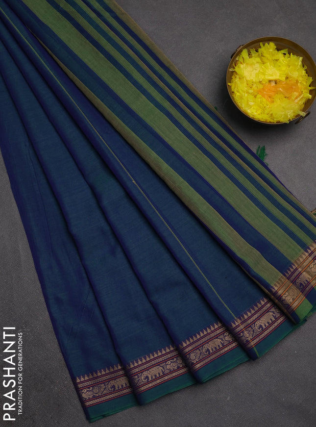 Narayanpet cotton saree peacock green with plain body and temple design thread woven border