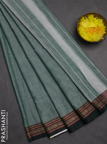 Narayanpet cotton saree green and bottle green with plain body and temple design thread woven border