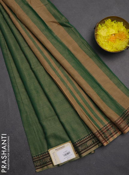 Narayanpet cotton saree green with plain body and temple design thread woven border