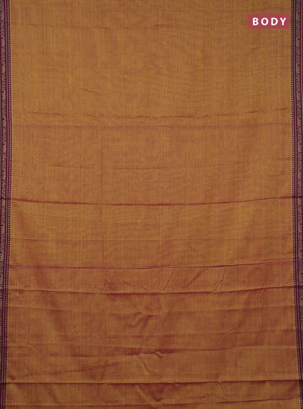 Narayanpet cotton saree dark mustard with plain body and temple design thread woven border