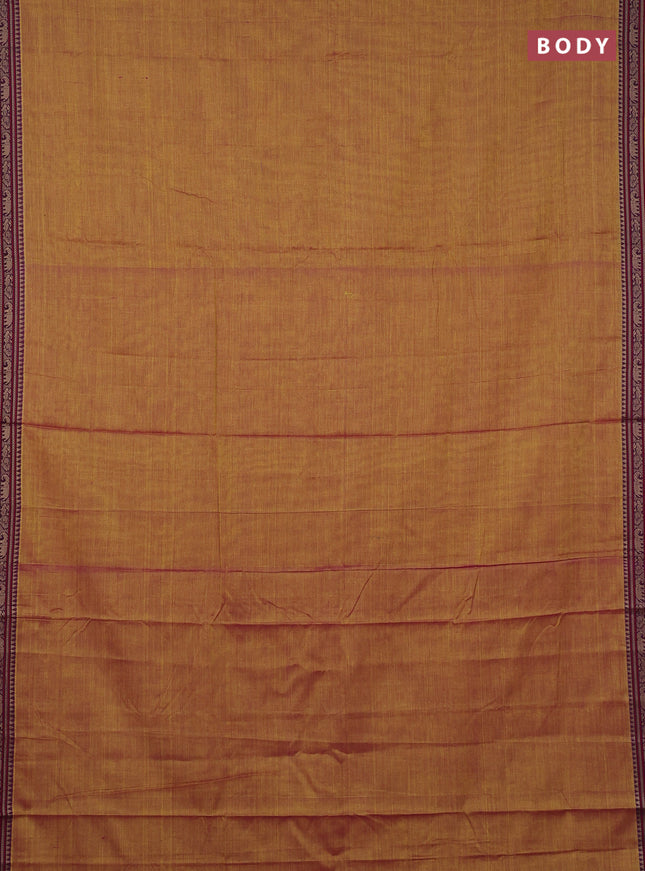 Narayanpet cotton saree dark mustard with plain body and temple design thread woven border