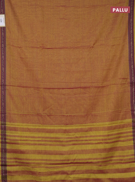Narayanpet cotton saree dark mustard with plain body and temple design thread woven border