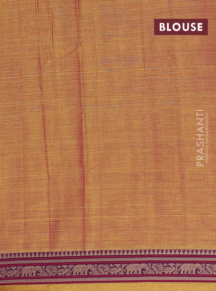Narayanpet cotton saree dark mustard with plain body and temple design thread woven border