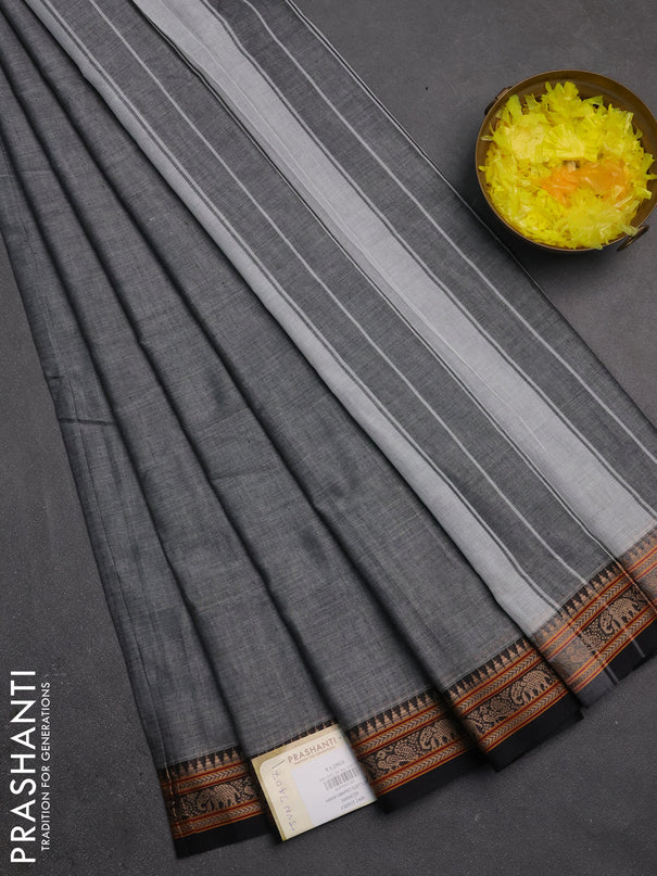 Narayanpet cotton saree grey and black with plain body and temple design thread woven border