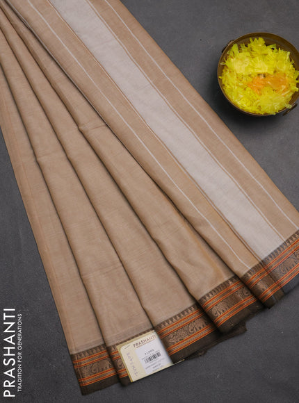 Narayanpet cotton saree sandal with plain body and temple design thread woven border