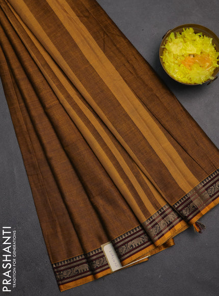 Narayanpet cotton saree dark mustard with plain body and temple design thread woven border