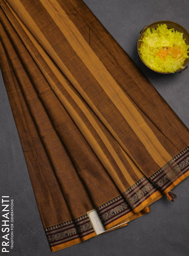 Narayanpet cotton saree dark mustard with plain body and temple design thread woven border