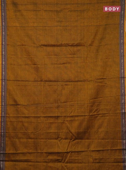 Narayanpet cotton saree dark mustard with plain body and temple design thread woven border