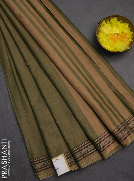 Narayanpet cotton saree olive green with plain body and temple design thread woven border