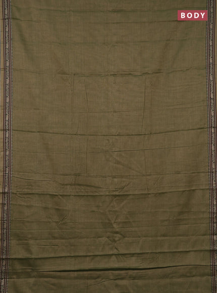 Narayanpet cotton saree olive green with plain body and temple design thread woven border