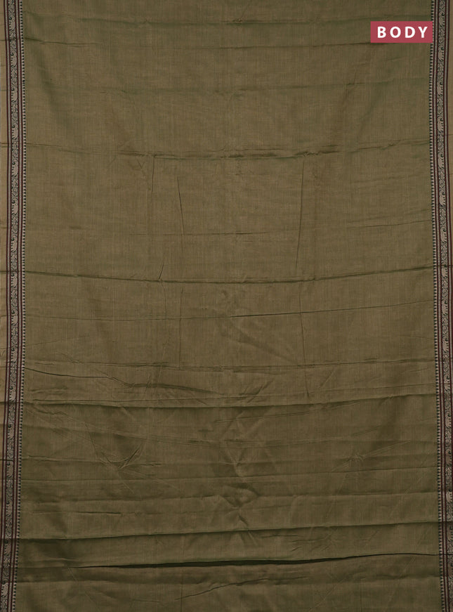 Narayanpet cotton saree olive green with plain body and temple design thread woven border