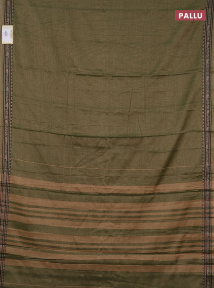Narayanpet cotton saree olive green with plain body and temple design thread woven border