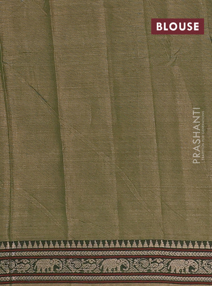 Narayanpet cotton saree olive green with plain body and temple design thread woven border