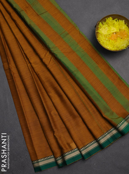 Narayanpet cotton saree dark mustard and green with plain body and small thread woven border