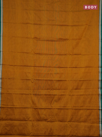 Narayanpet cotton saree dark mustard and green with plain body and small thread woven border