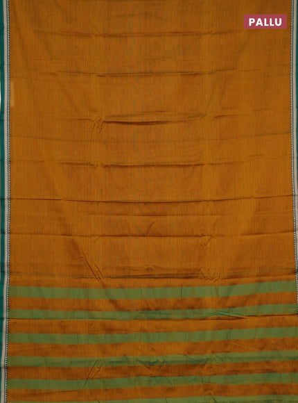 Narayanpet cotton saree dark mustard and green with plain body and small thread woven border