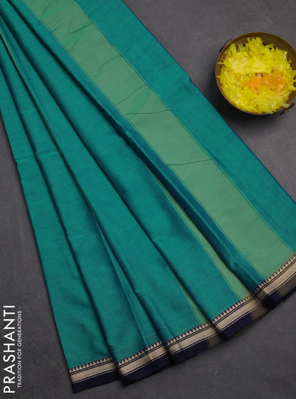Narayanpet cotton saree teal green and navy blue with plain body and small thread woven border