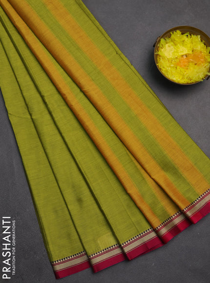 Narayanpet cotton saree lime green and pink with plain body and small thread woven border