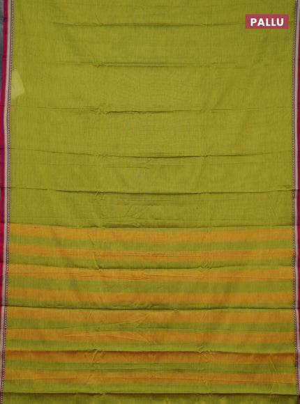 Narayanpet cotton saree lime green and pink with plain body and small thread woven border