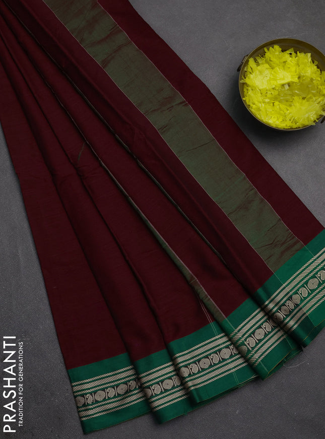 Narayanpet cotton saree deep maroon and green with plain body and small thread woven border
