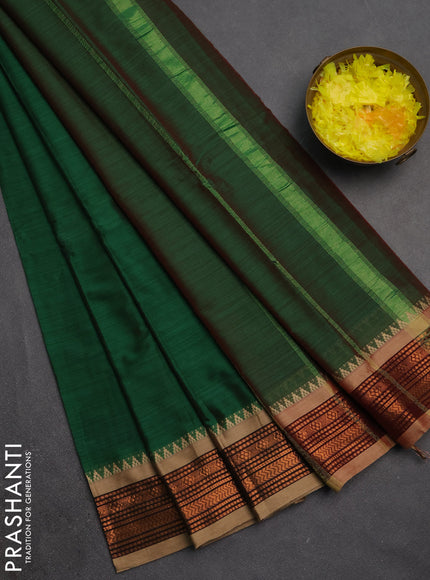 Narayanpet cotton saree green and dark beige with plain body and temple design copper zari woven border