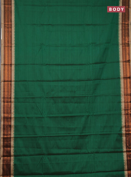 Narayanpet cotton saree green and dark beige with plain body and temple design copper zari woven border