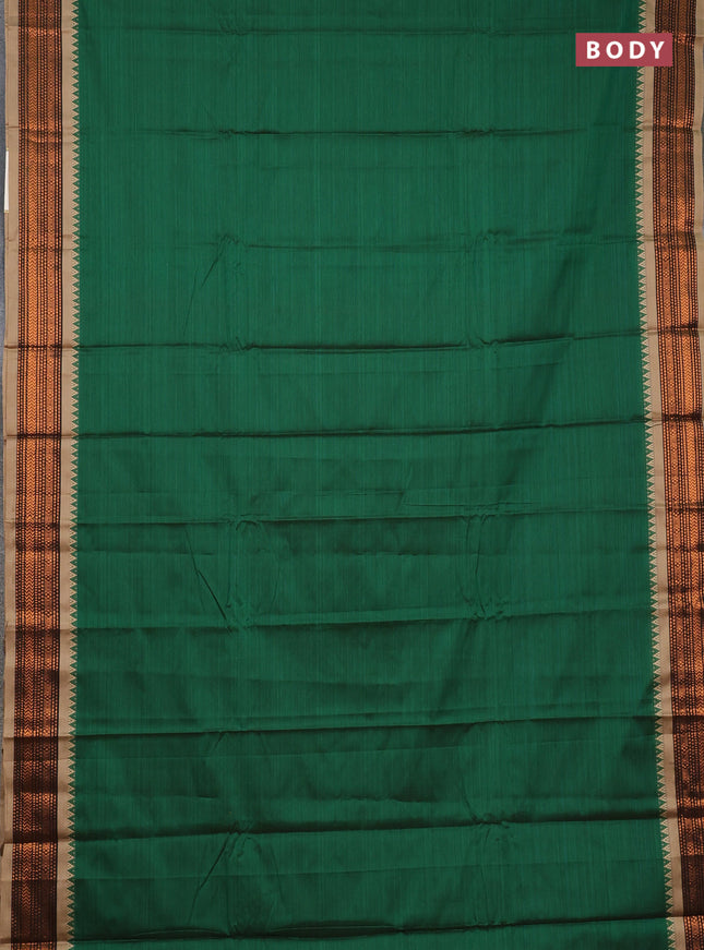 Narayanpet cotton saree green and dark beige with plain body and temple design copper zari woven border