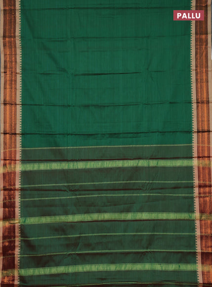 Narayanpet cotton saree green and dark beige with plain body and temple design copper zari woven border