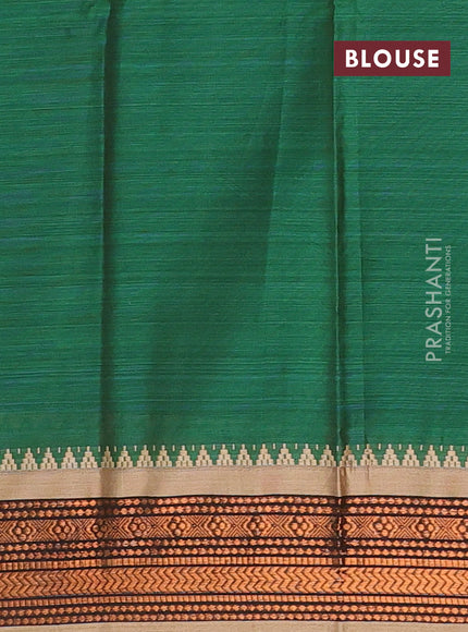 Narayanpet cotton saree green and dark beige with plain body and temple design copper zari woven border