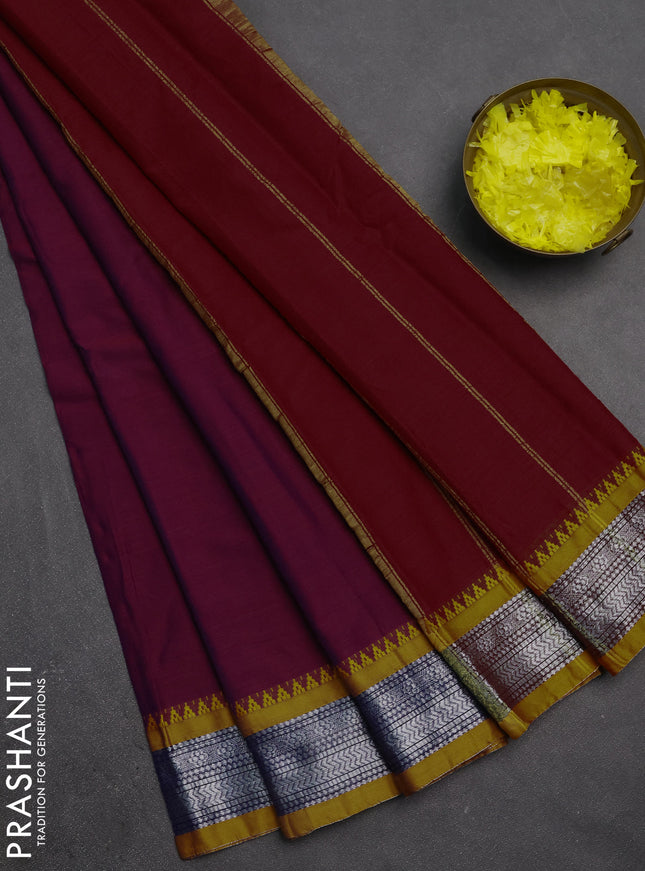 Narayanpet cotton saree purple and mustard yellow with plain body and temple design silver zari woven border