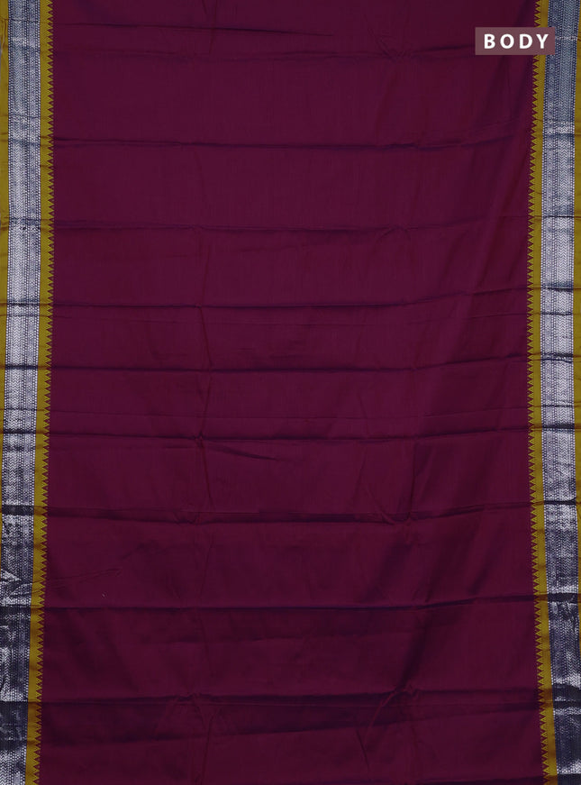 Narayanpet cotton saree purple and mustard yellow with plain body and temple design silver zari woven border