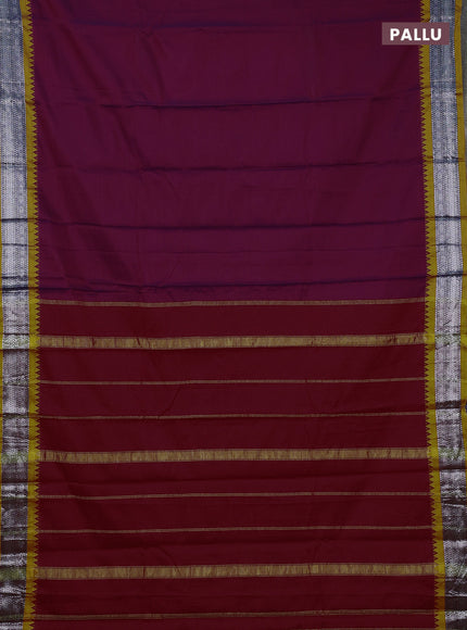 Narayanpet cotton saree purple and mustard yellow with plain body and temple design silver zari woven border