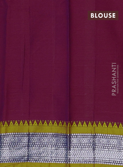 Narayanpet cotton saree purple and mustard yellow with plain body and temple design silver zari woven border