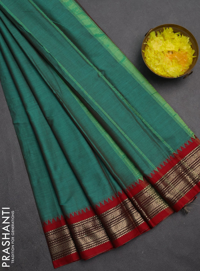 Narayanpet cotton saree green and maroon with plain body and temple design zari woven border