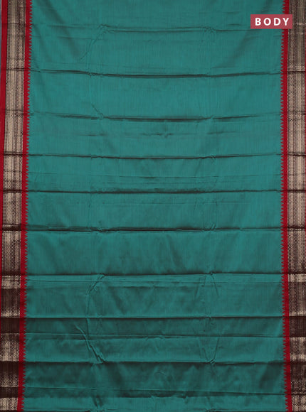 Narayanpet cotton saree green and maroon with plain body and temple design zari woven border