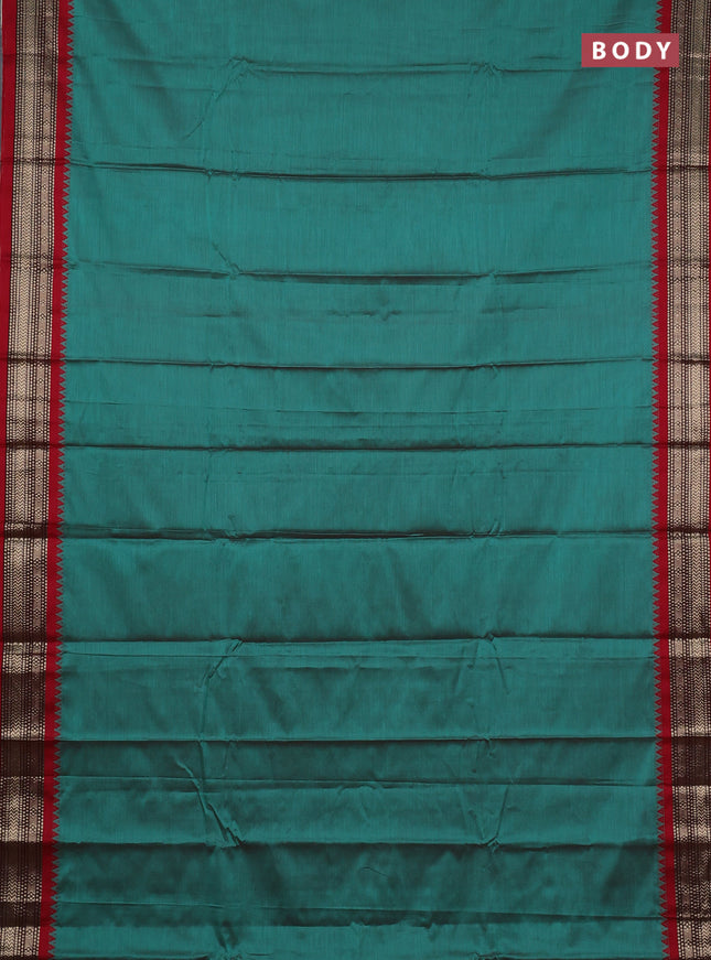 Narayanpet cotton saree green and maroon with plain body and temple design zari woven border