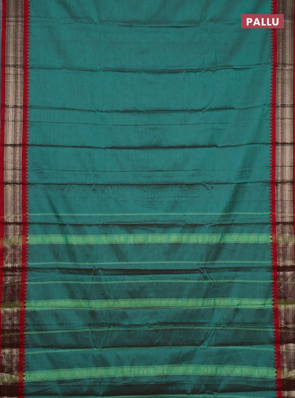 Narayanpet cotton saree green and maroon with plain body and temple design zari woven border