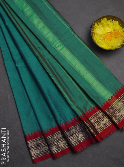 Narayanpet cotton saree teal green and maroon with plain body and temple design zari woven border
