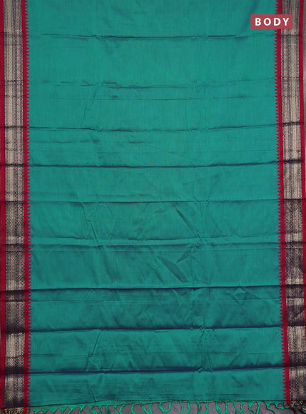 Narayanpet cotton saree teal green and maroon with plain body and temple design zari woven border