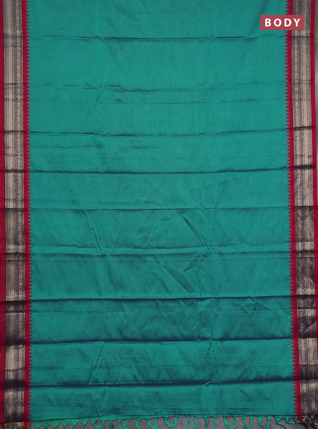 Narayanpet cotton saree teal green and maroon with plain body and temple design zari woven border