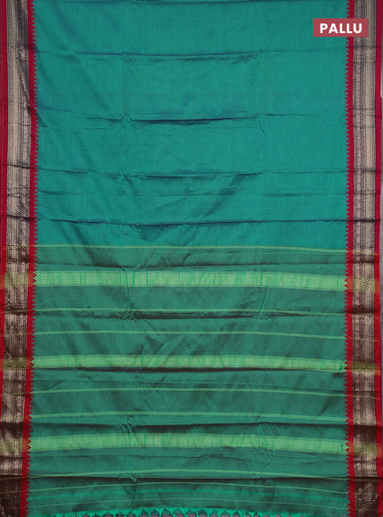 Narayanpet cotton saree teal green and maroon with plain body and temple design zari woven border