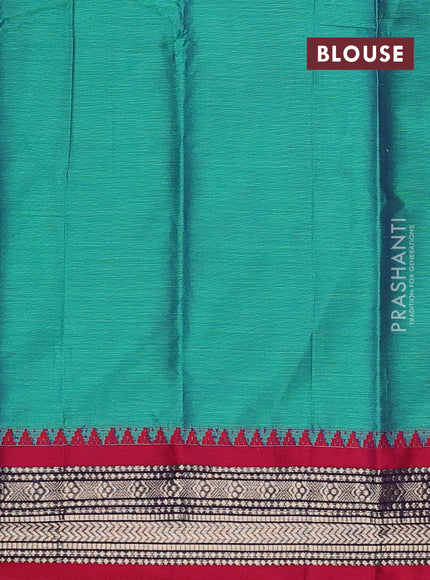Narayanpet cotton saree teal green and maroon with plain body and temple design zari woven border
