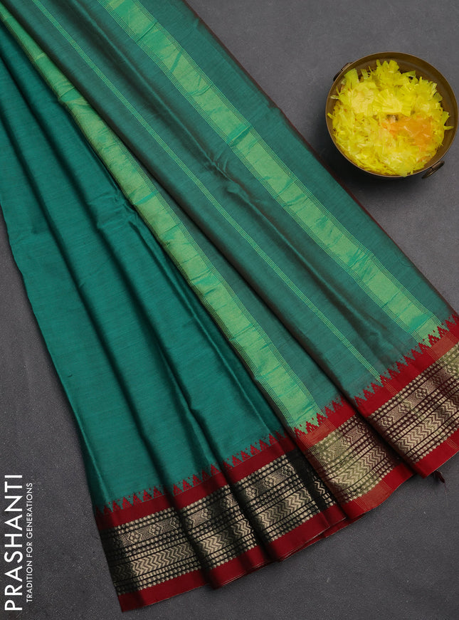 Narayanpet cotton saree green and maroon with plain body and temple design zari woven border